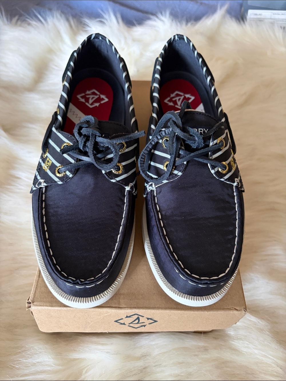 NIB Sperry Navy Canvas Striped Lace-Up Boat Shoes